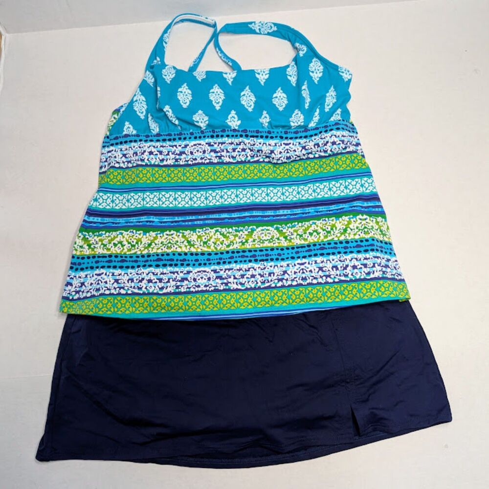 Lands' End Scuba Blue Tankini Top & Deep Sea Blue Swim Skirt 2 Piece Set Size 14